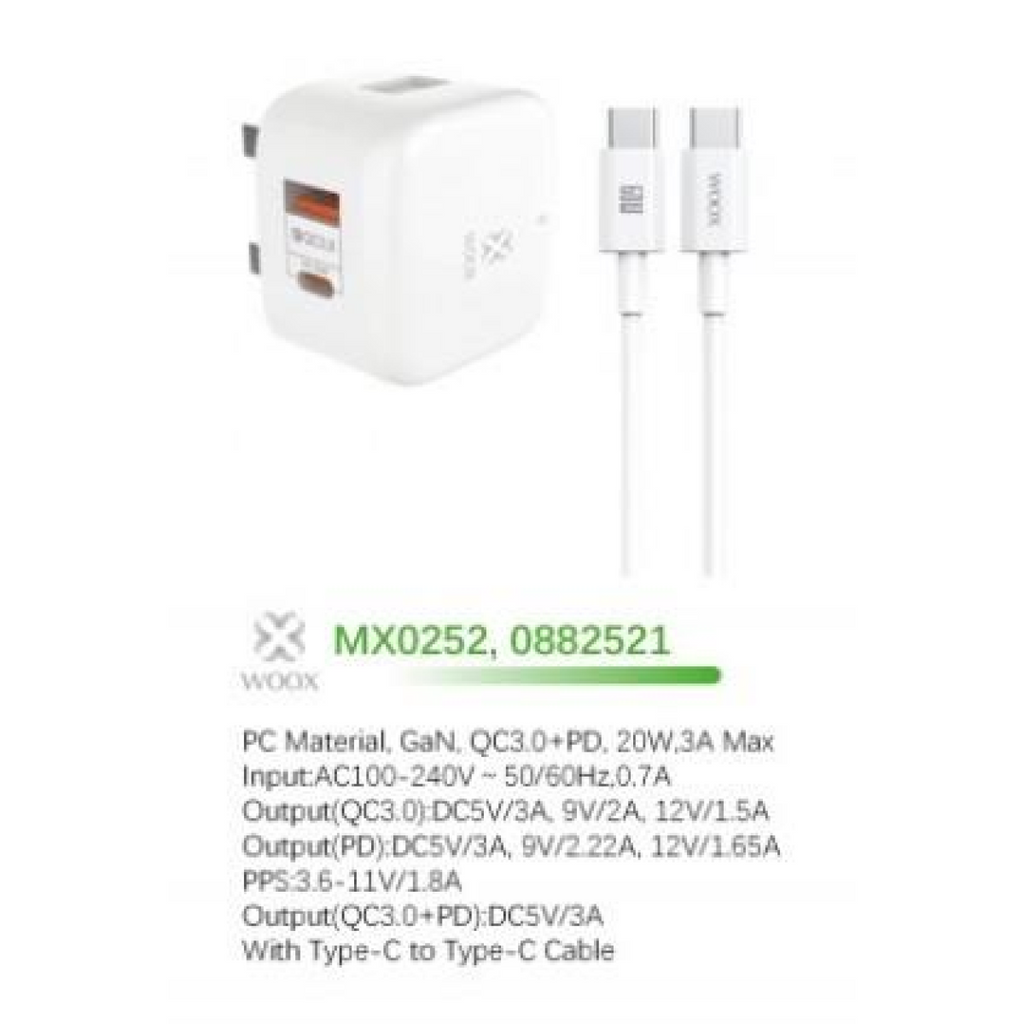 WOOX MX0252 20W PD+QC Home Charger with Type-C to Type-C Fast Cable, 5V 3A, White