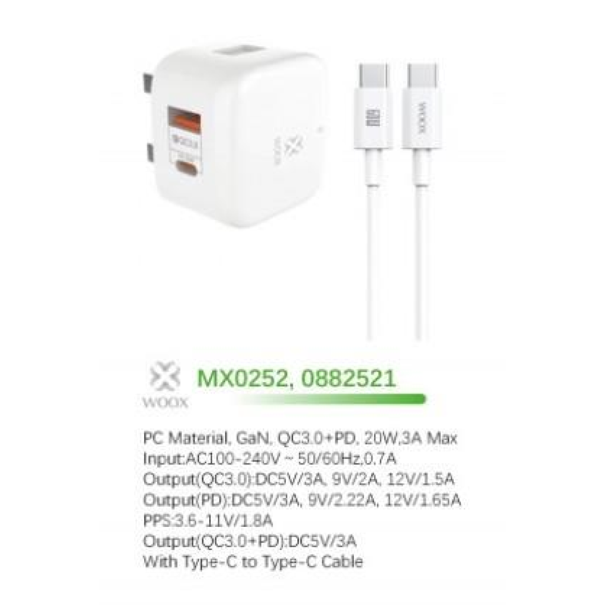WOOX MX0252 20W PD+QC Home Charger with Type-C to Type-C Fast Cable, 5V 3A, White