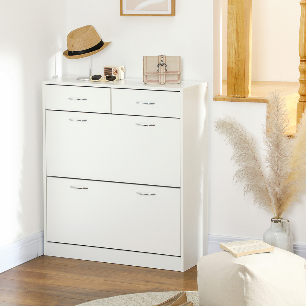 HOMCOM Slim Shoe Cabinet with 2 Flip Drawers for 12 Pairs of Shoes White