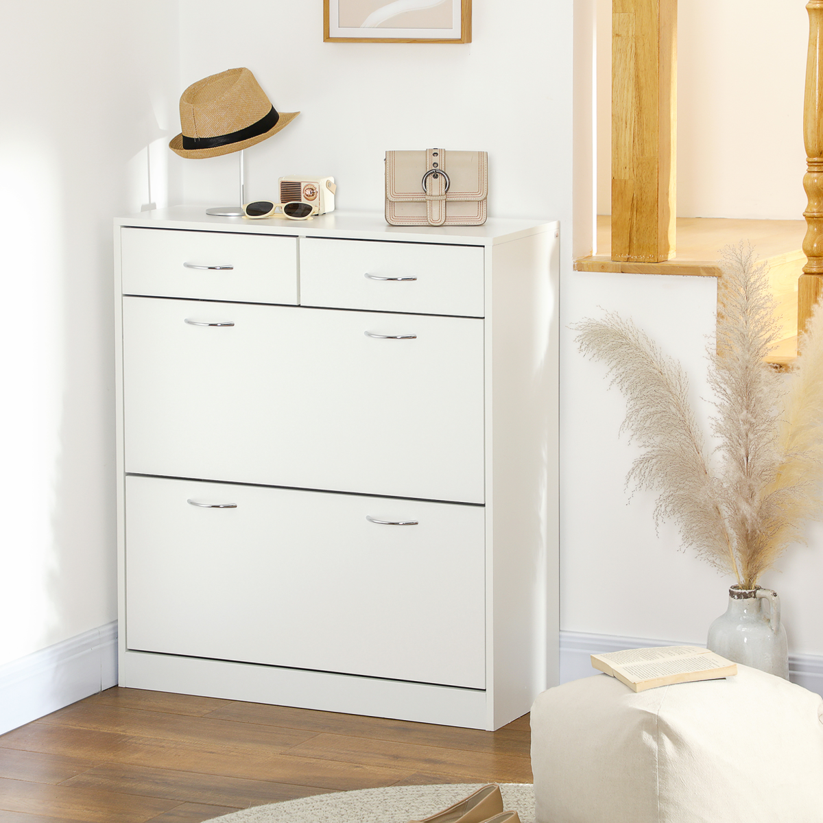 HOMCOM Slim Shoe Cabinet with 2 Flip Drawers for 12 Pairs of Shoes White