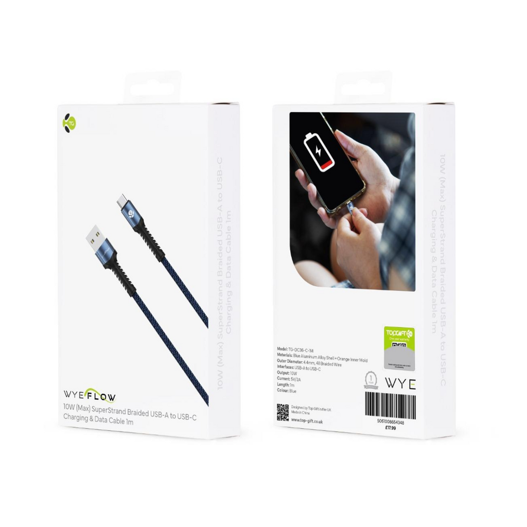 WYEFLOW 10w SuperStrand Braided USB to Type C Charging & Data Cable 1m