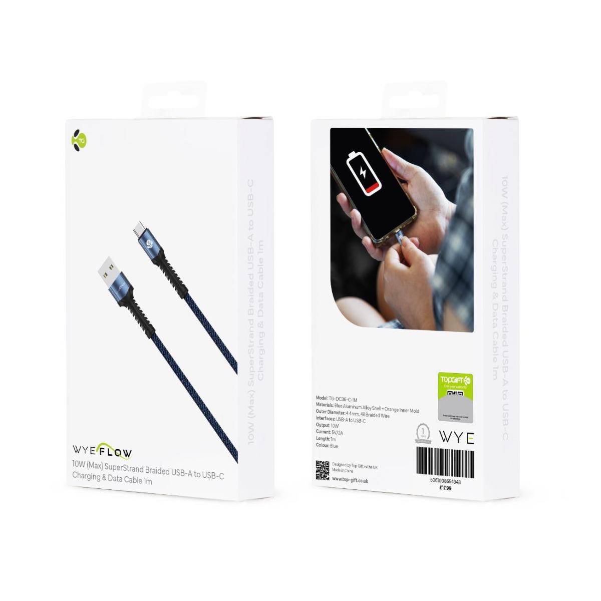 WYEFLOW 10w SuperStrand Braided USB to Type C Charging & Data Cable 1m