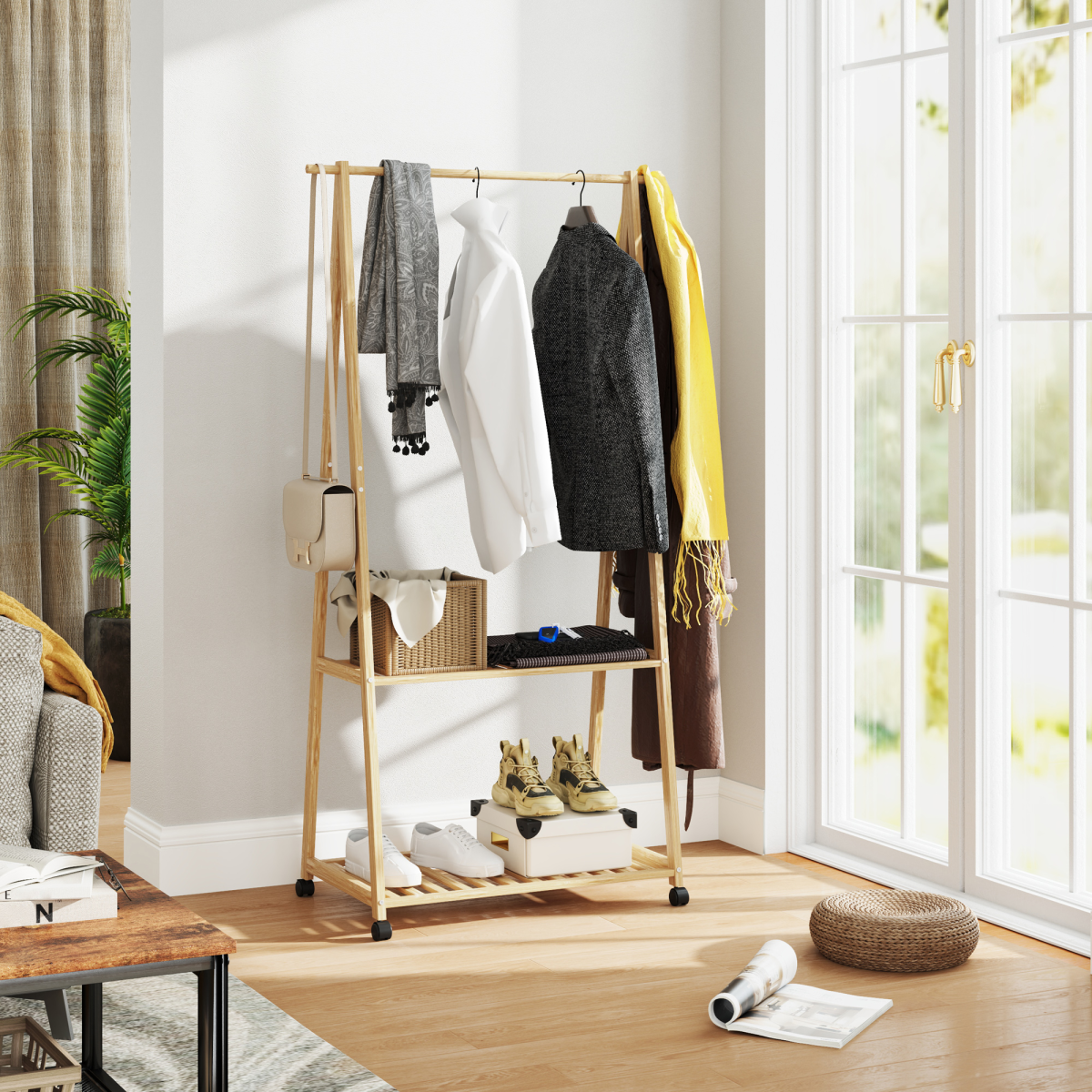HOMCOM Bamboo Clothes Rail Rack with 2 Storage Shelves, Natural Wood Effect