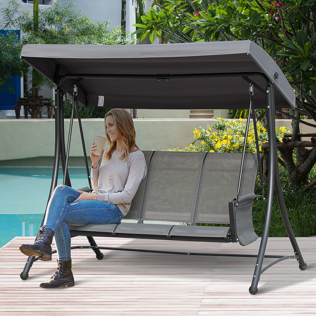 3 Seat Metal Fabric Backyard Patio Swing Chair with Canopy Top Outsunny