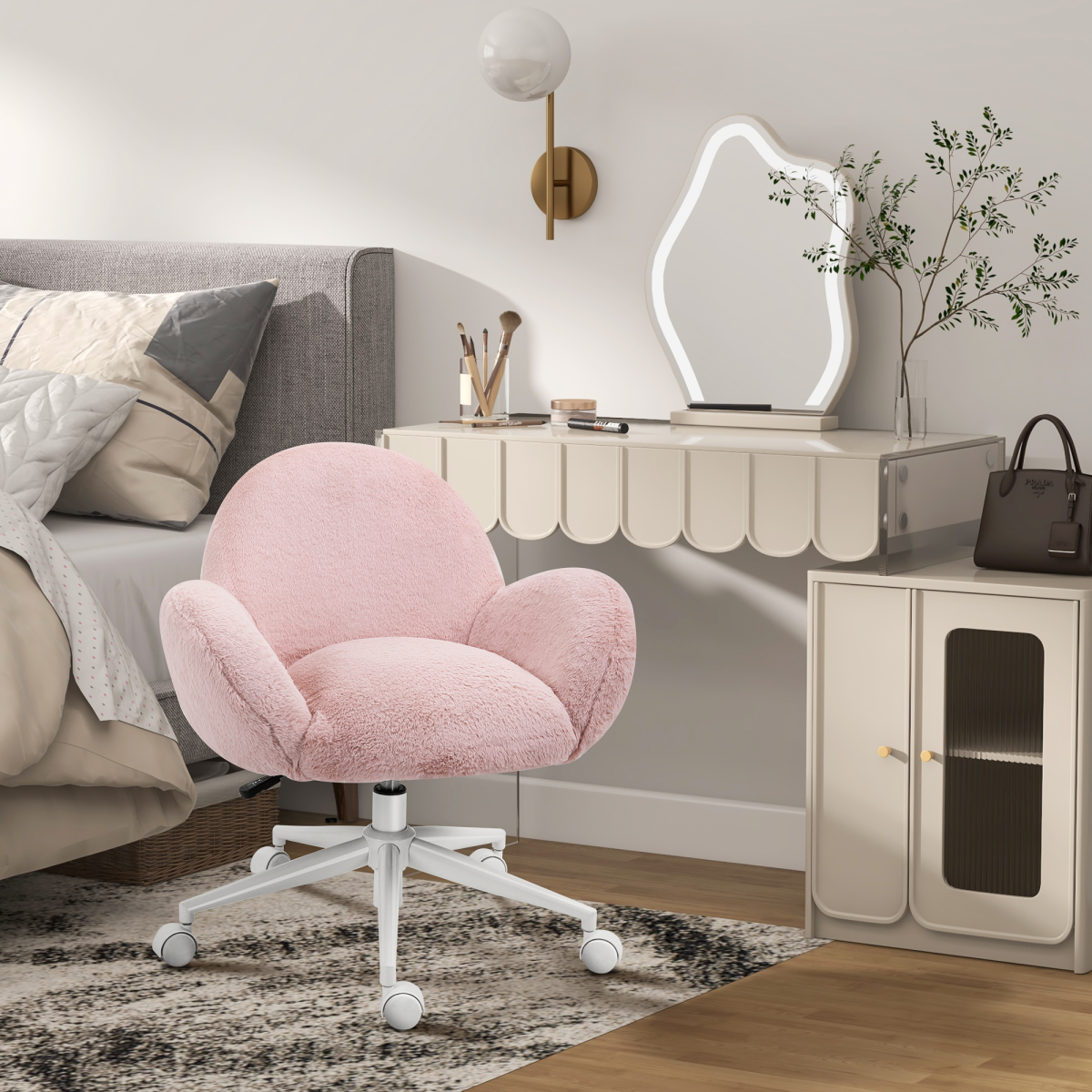 Fluffy Leisure Chair Office Chair with Backrest and Armrest for Bedroom Pink