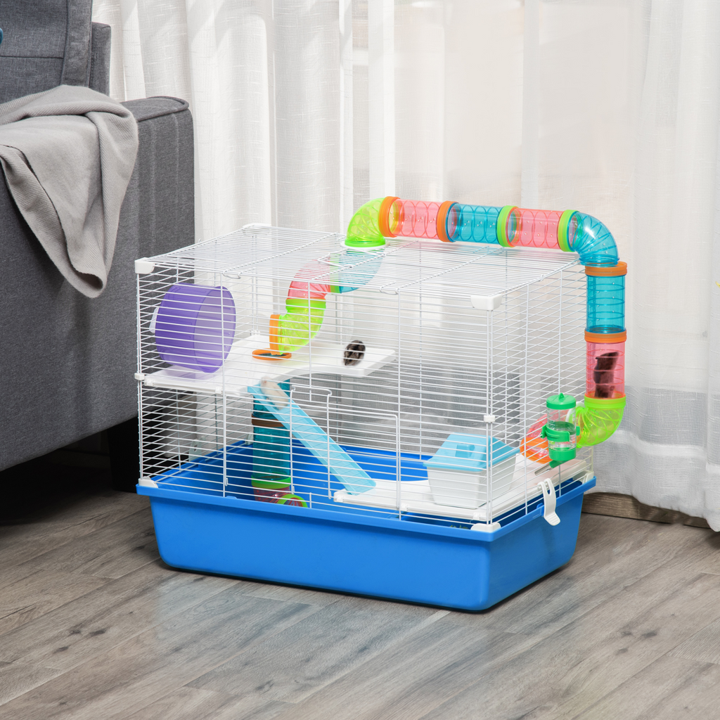 Hamster Cage Rodents House w/ Tubes Exercise Wheel, Water Bottle -  Blue