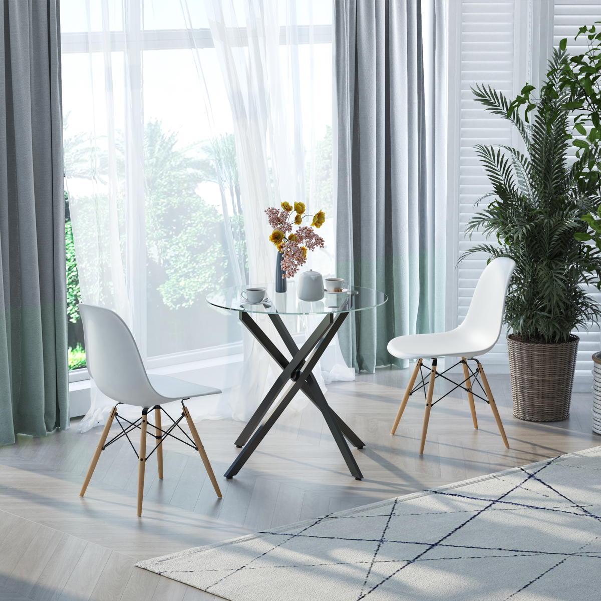 HOMCOM Clear Glass Side Table Round Metal Dining Table Dining Black