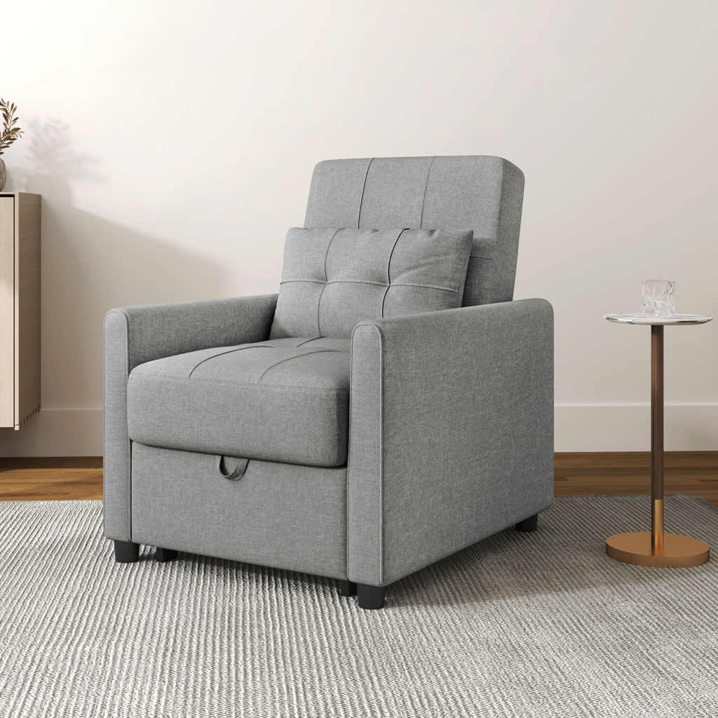 HOMCOM Pull Out Chair Bed, Sleeper Chair with Pillow, Side Pockets, Light Grey