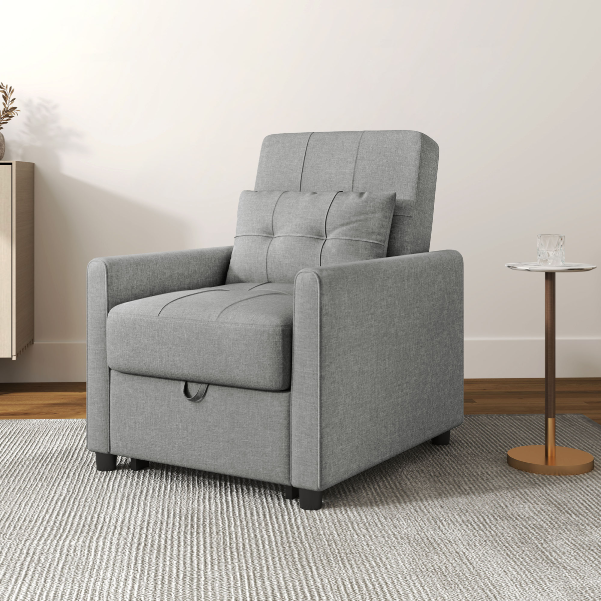HOMCOM Pull Out Chair Bed, Sleeper Chair with Pillow, Side Pockets, Light Grey