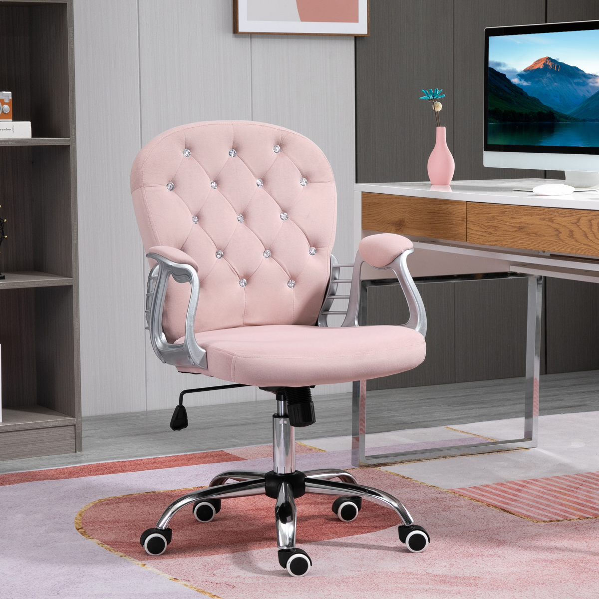 Office Chair Luxury Velour Diamond Tufted Padded Ergonomic 360 – Swivel Pink