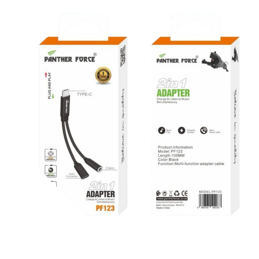 Panther Force 2 in 1 Adapter - Fast Charging & Data Transfer | USB C to 3.5mm & USB C
