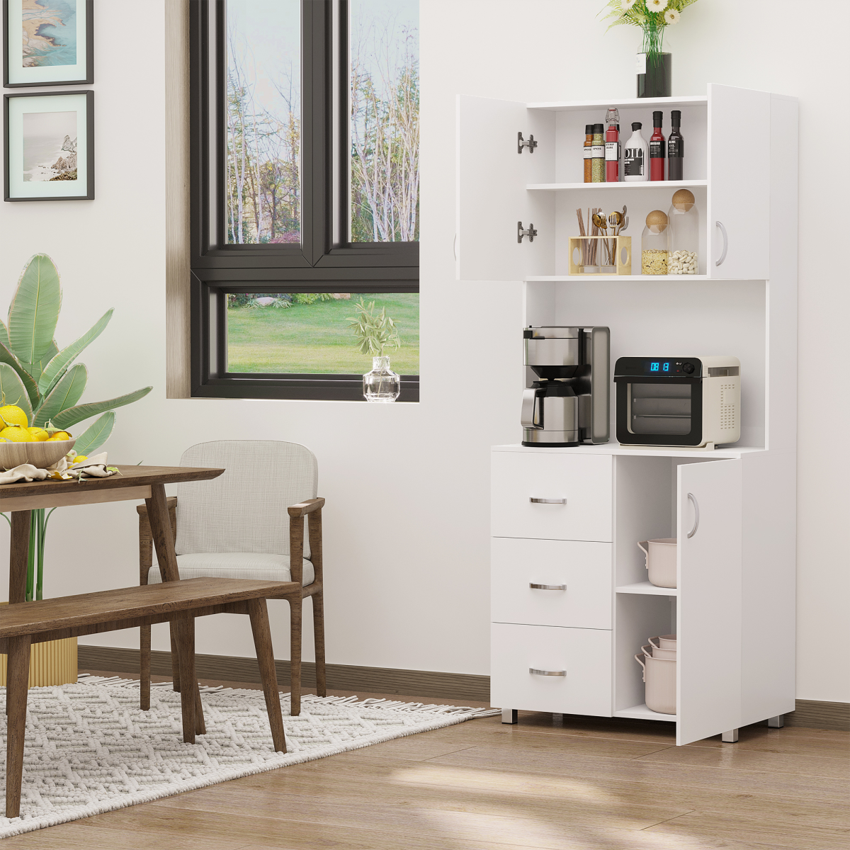 Kitchen Storage Cabinet Wooden Cupboard Organizer Home Furniture, White