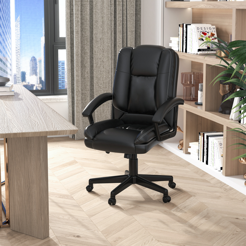 Swivel Executive Office Chair Mid Back PU Leather Chair with Arm, Black HOMCOM