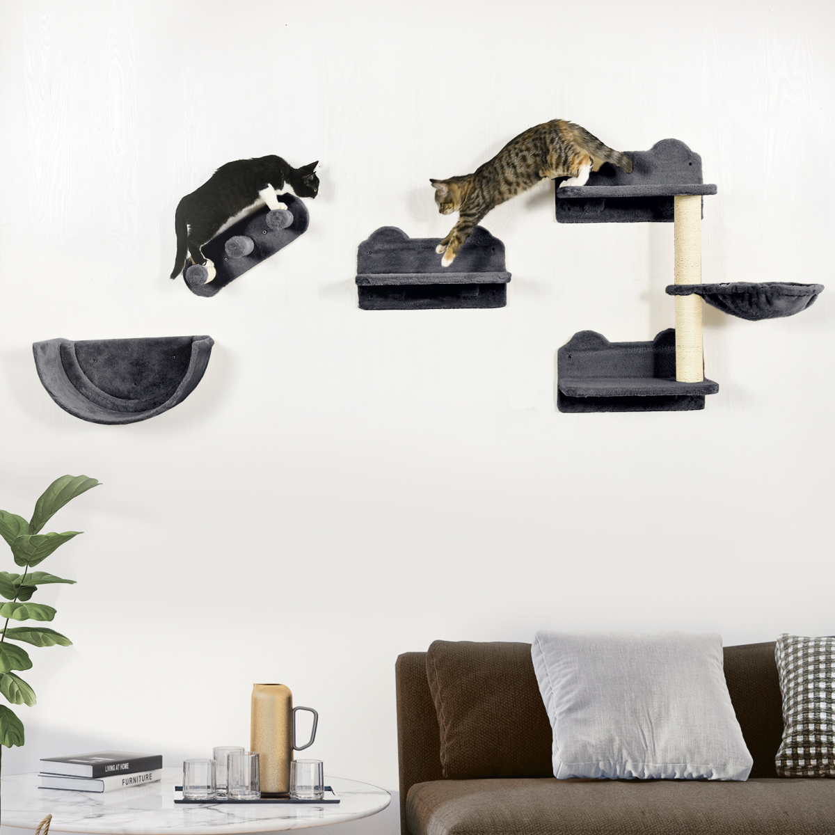 PawHut 4PCs Wall Mounted Cat Tree Cat Wall Shelves W/ Scratching Post Dark Grey
