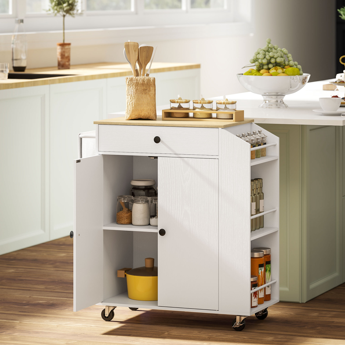 HOMCOM Kitchen Island with 3-Tier Spice Rack, Kitchen Cart with Towel Rack