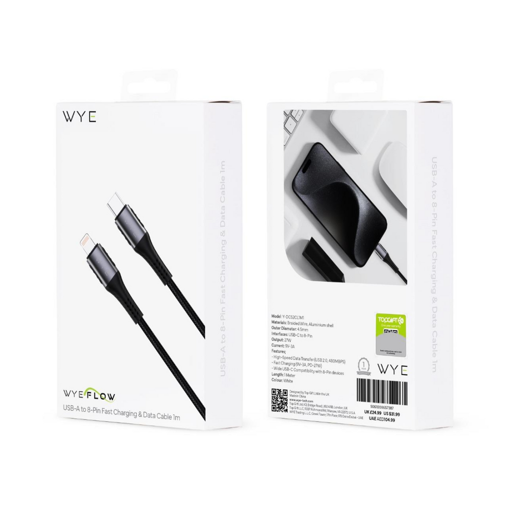 WYEFLOW USB-C to 8-Pin 27W Fast Charging & Data Cable 1m