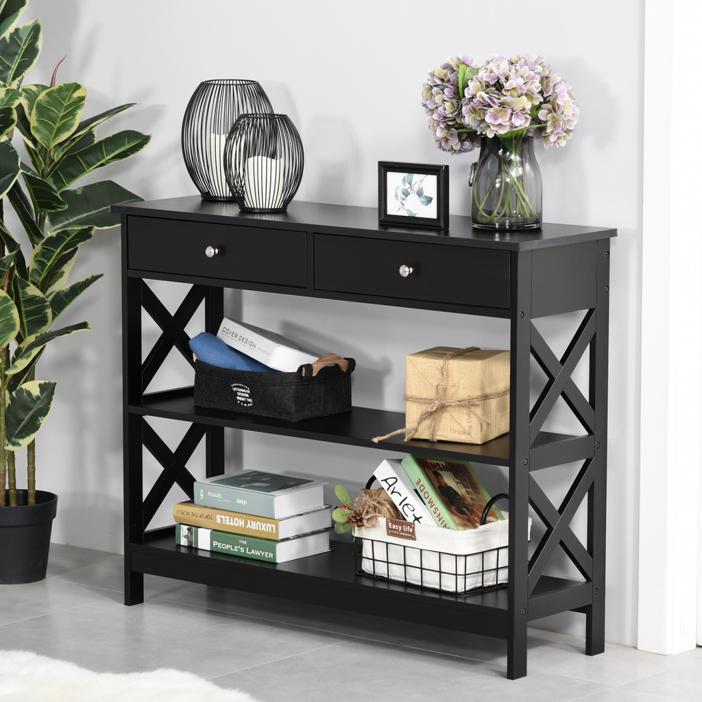 Console Table Side Desk Shelves Drawers Open Top Hallway Black