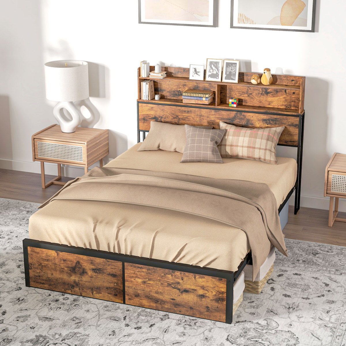 HOMCOM 4.8FT Double Bed Frame with Storage Headboard and Under Bed Storage