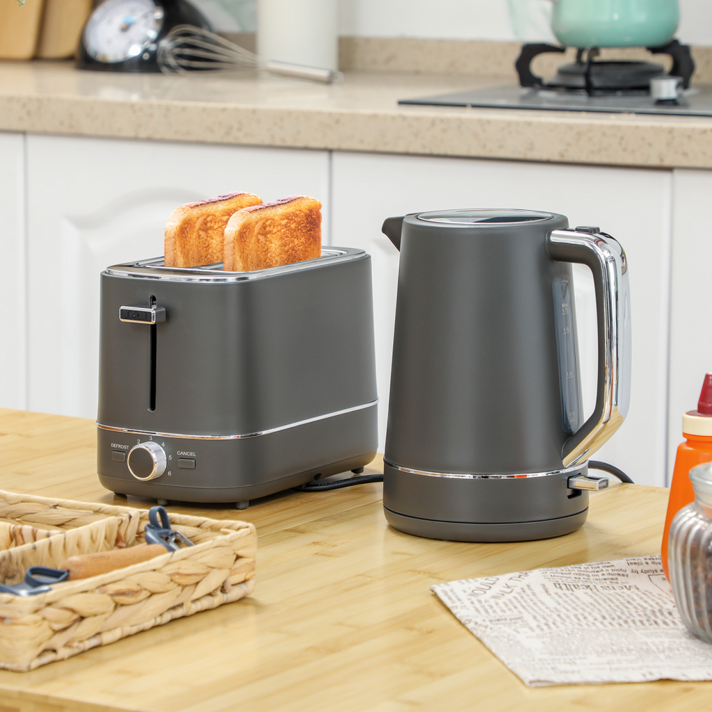 HOMCOM 1.7L 3000W Fast Boil Electric Kettle and 2 Slice Toaster Set, Grey