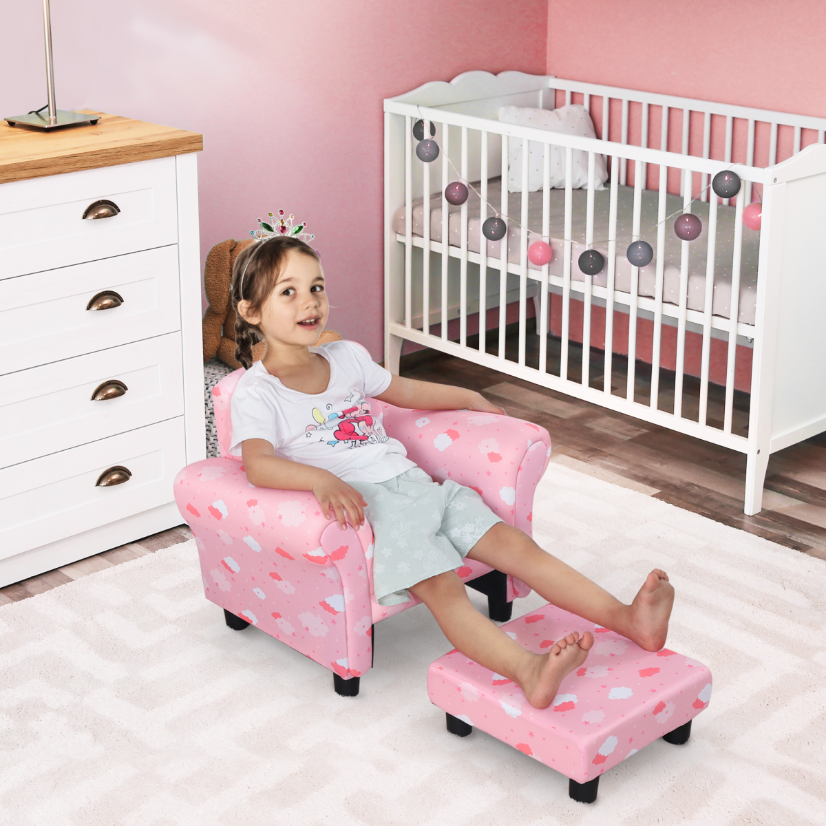 Cute Cloud Star Kids Children Armchair Mini Seat Wood with Footrest Padding Pink