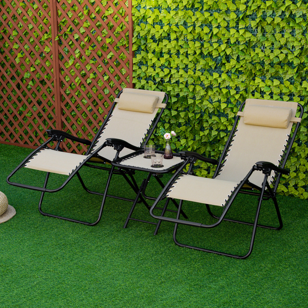 3PC Zero Gravity Chairs Sun Lounger Table Set w/ Cup Holders, Beige Outsunny