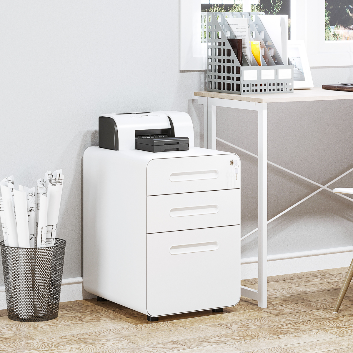3 Draw Modern Steel Filing Cabinet w/ 4 Wheels Lock Pencil Box White Vinsetto