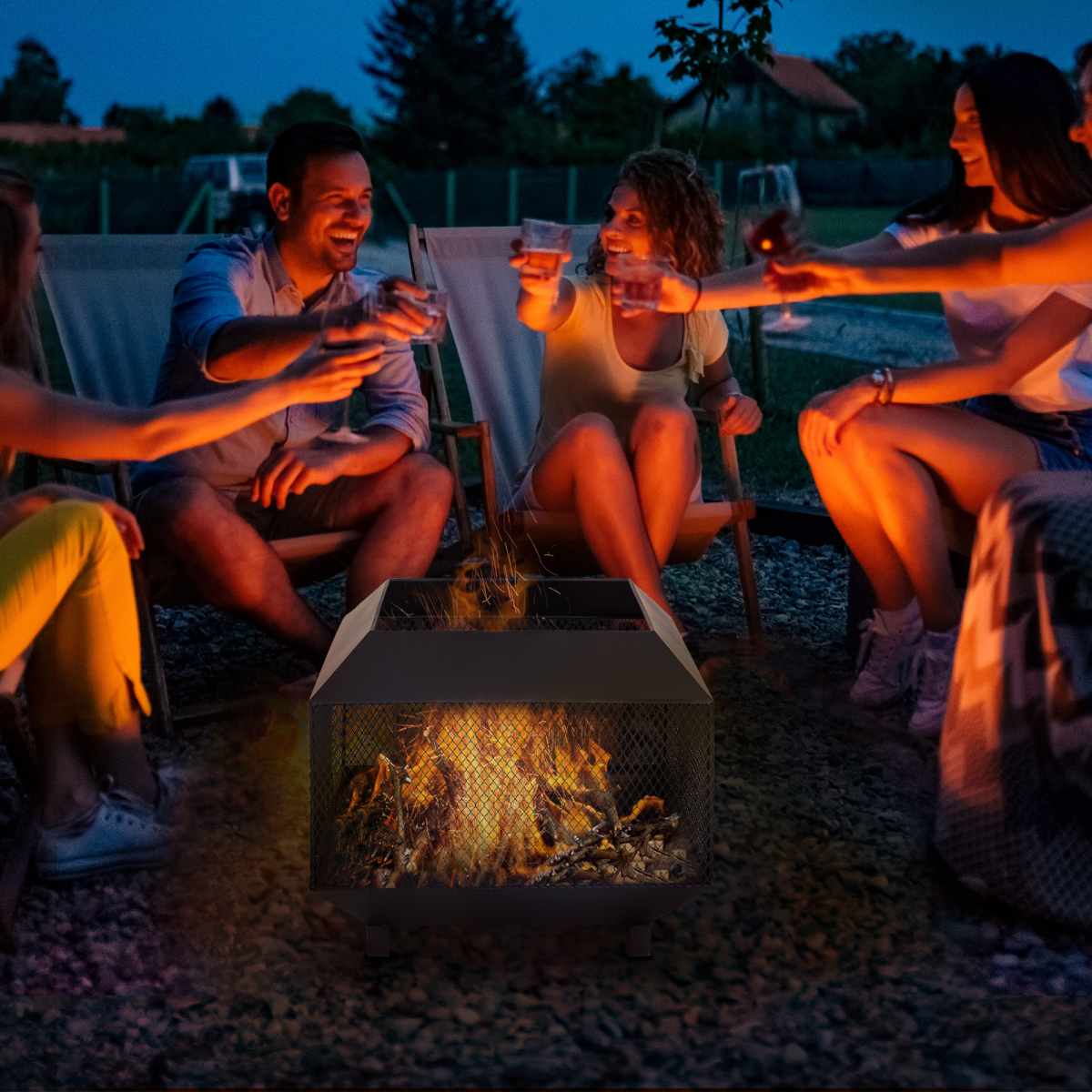 Outsunny Fire Pit, Square Shape, Steel-Black