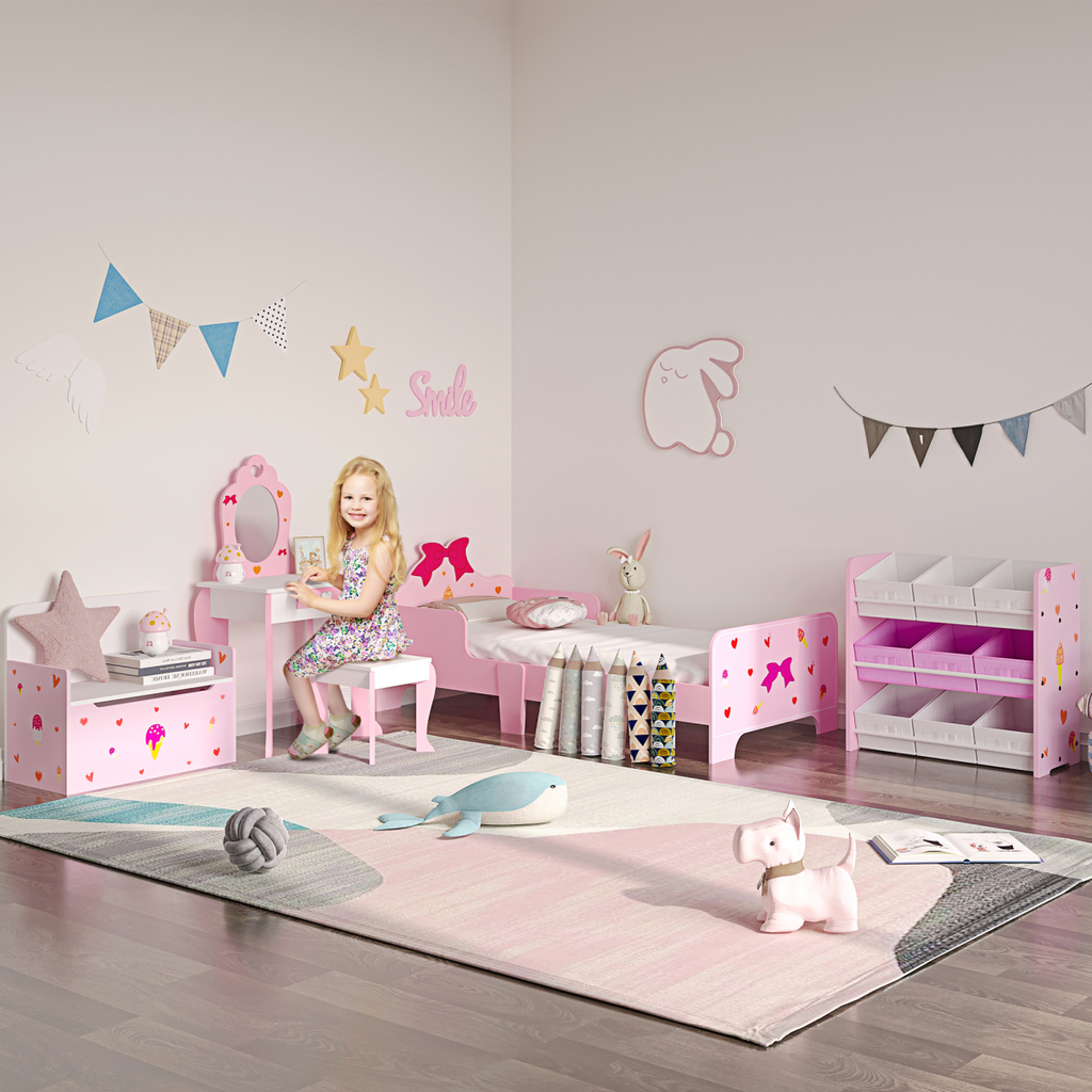 Princess-Themed Kids Toddler Bed with Cute Patterns, Safety Rails - Pink