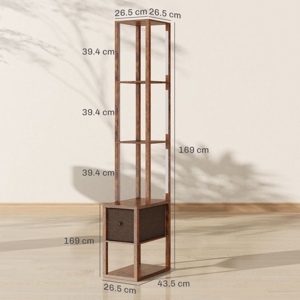Rustic Brown LED Floor Lamp with Shelves & Drawer