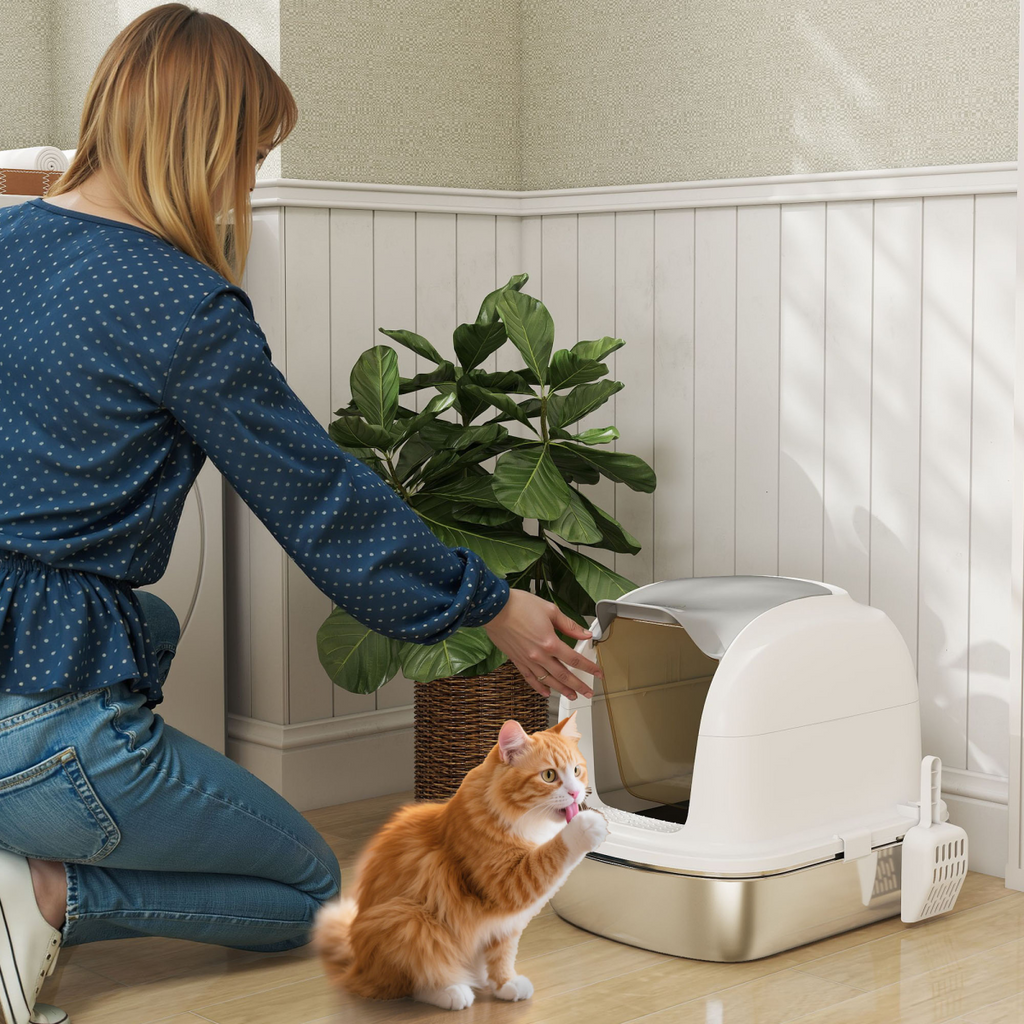 PawHut Stainless Steel Cat Litter Tray with Lid