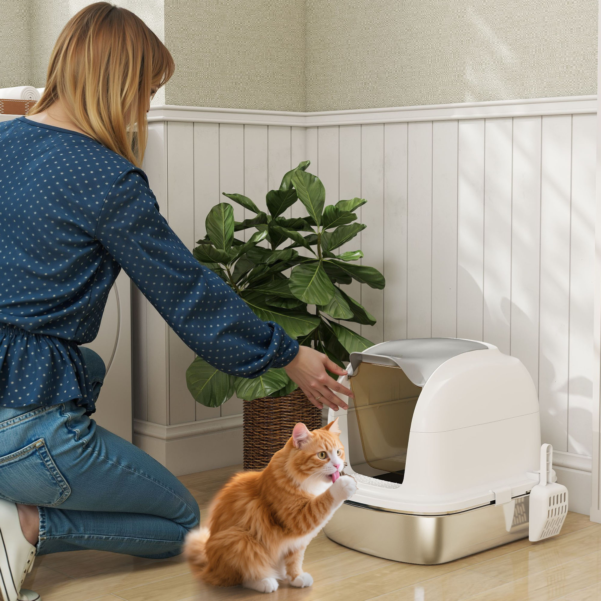 PawHut Stainless Steel Cat Litter Tray with Lid