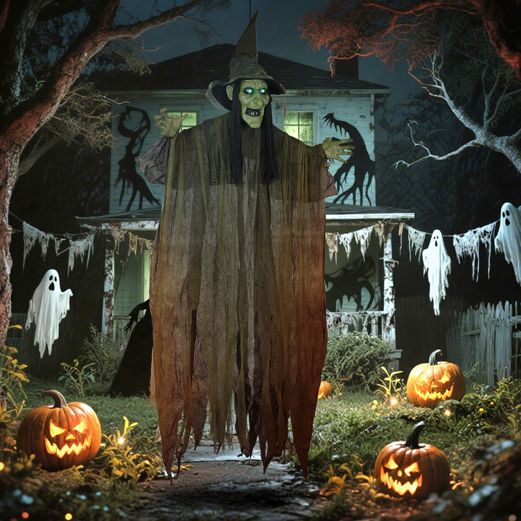 Outsunny Voice Activated Halloween Animatronics Hanging Witch, Green