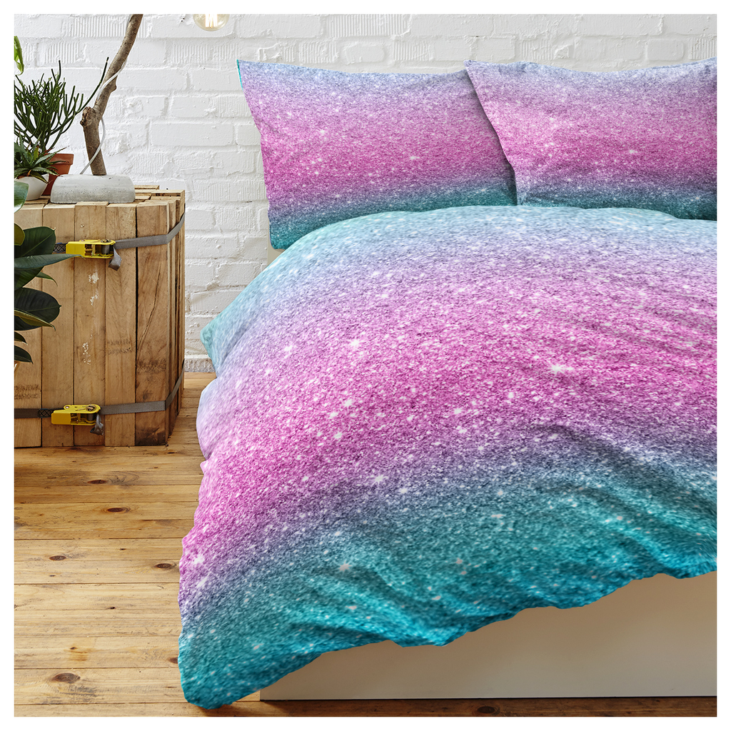Girly Duvet Cover Rainbow Glitter Ombre Bedding Sets 3 Pcs Chic Unicorn Pink