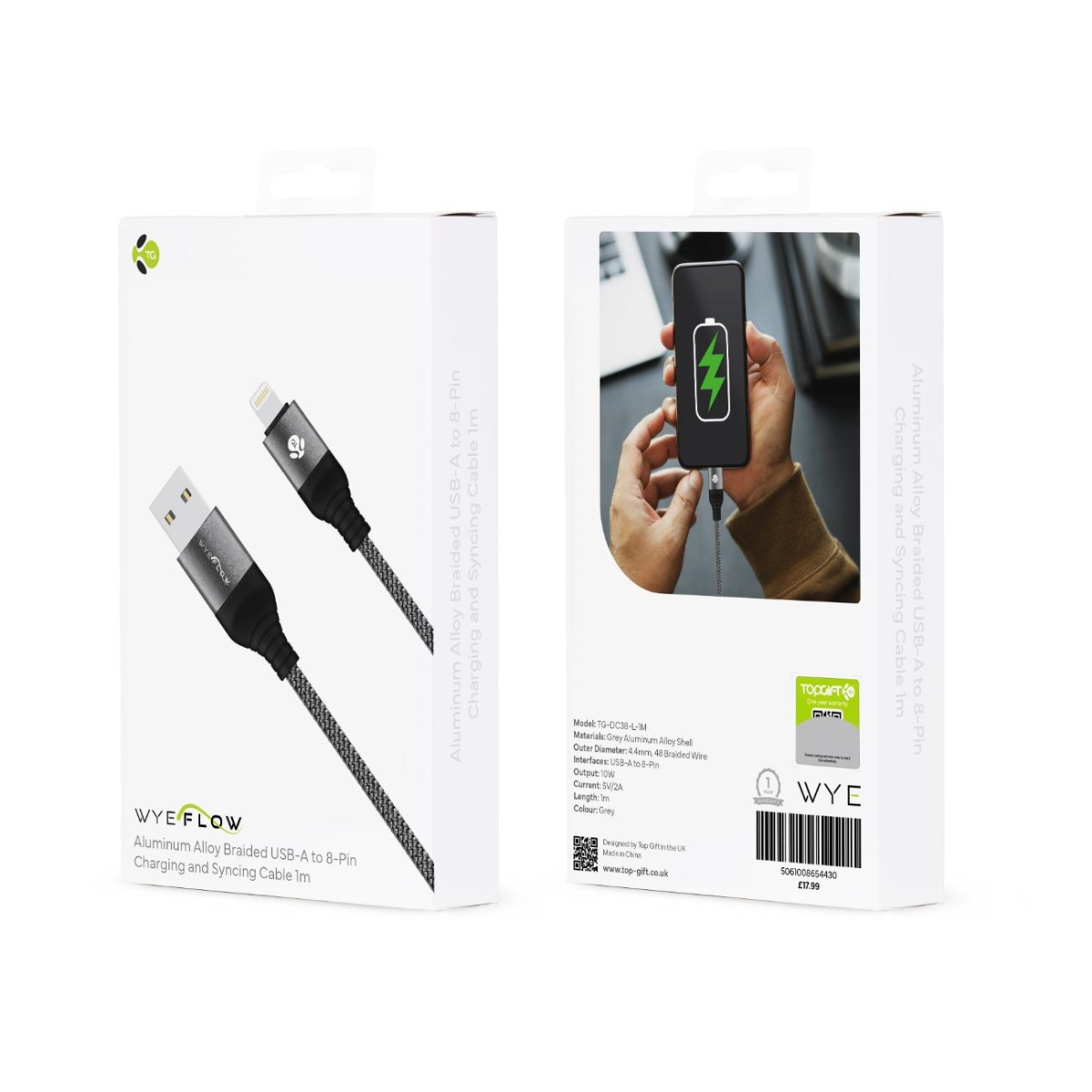 WYEFLOW Aluminum Alloy Braided USB-A to 8-Pin Charging and Syncing Cable 1m