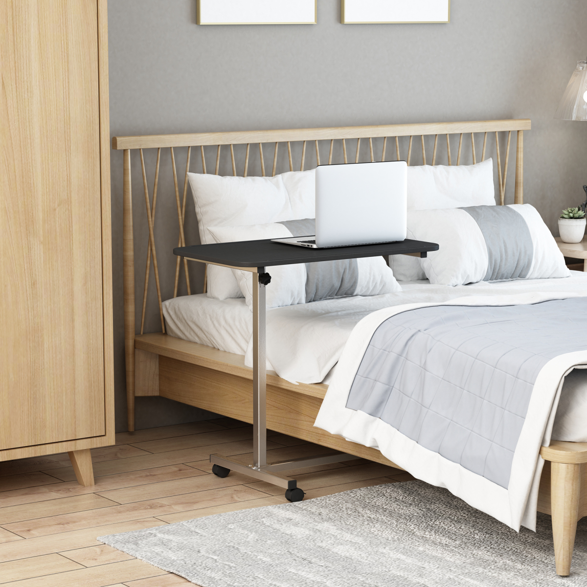 C-Shaped Mobile Table Sofa Over Bed Side Nightstand w/ Casters, Brake