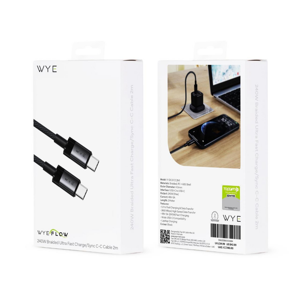 WYE 240W Braided Ultra Fast Charge/Sync C-C Cable 2m Black