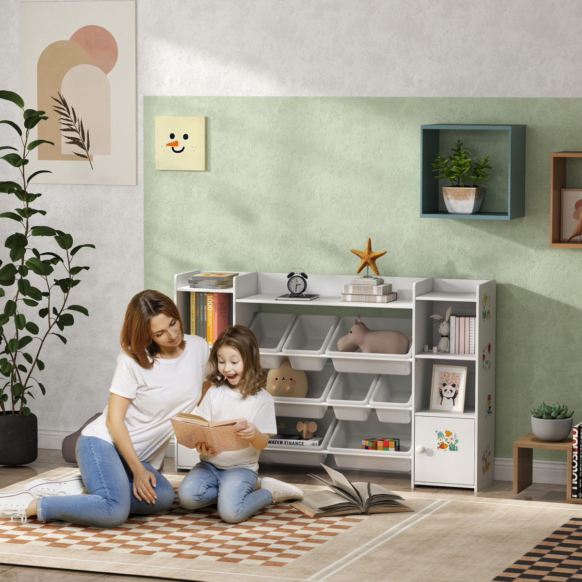 AIYAPLAY Kids Toy Storage Organiser with 8 Removable Storage Bins, White