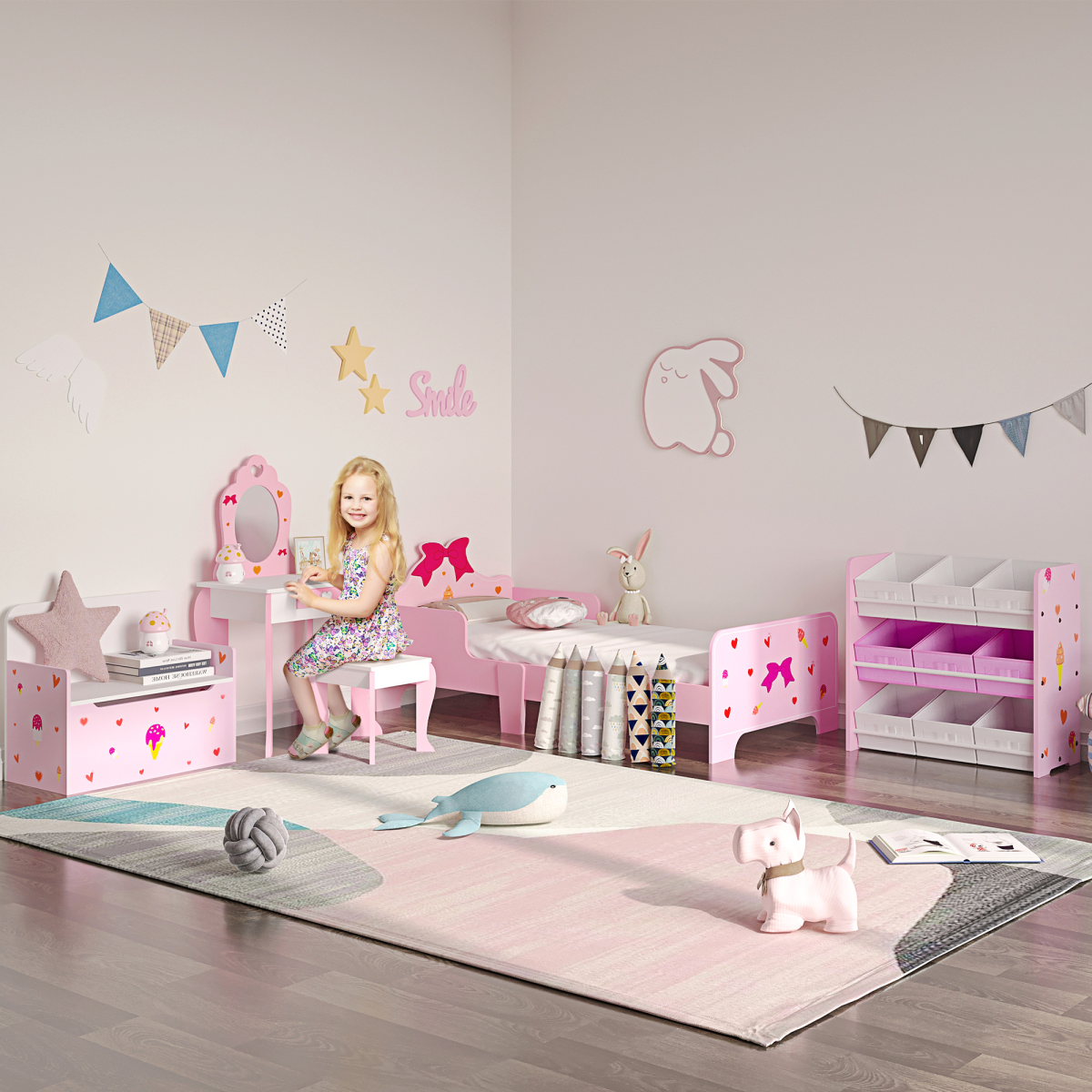 ZONEKIZ Kids Vanity Set w/ Mirror, Drawer, Cute Patterns, for Girls - Pink