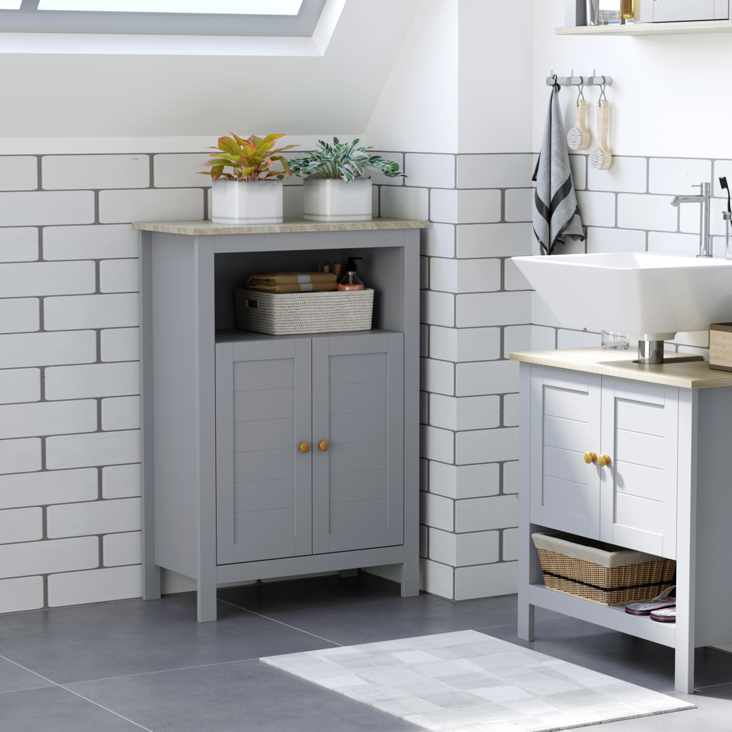 kleankin Bathroom Floor Storage Cabinet Standing Unit  Doors Adjustable Shelf