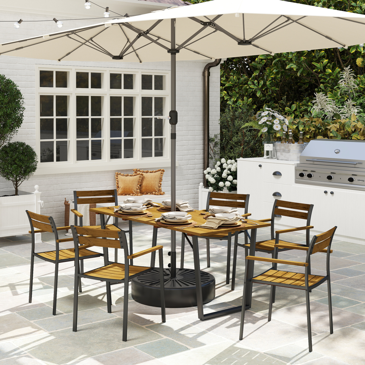 Outsunny 7 Piece Garden Dining Set with Table and 6 Stackable Chairs, Brown