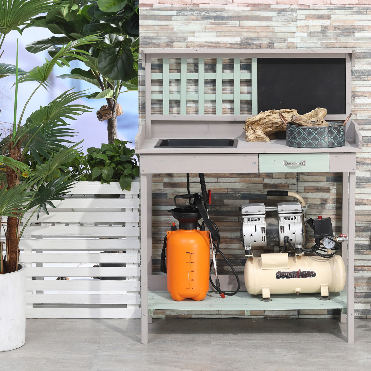 Outdoor Wooden Potting Table Bench Workstation Planting Shelves