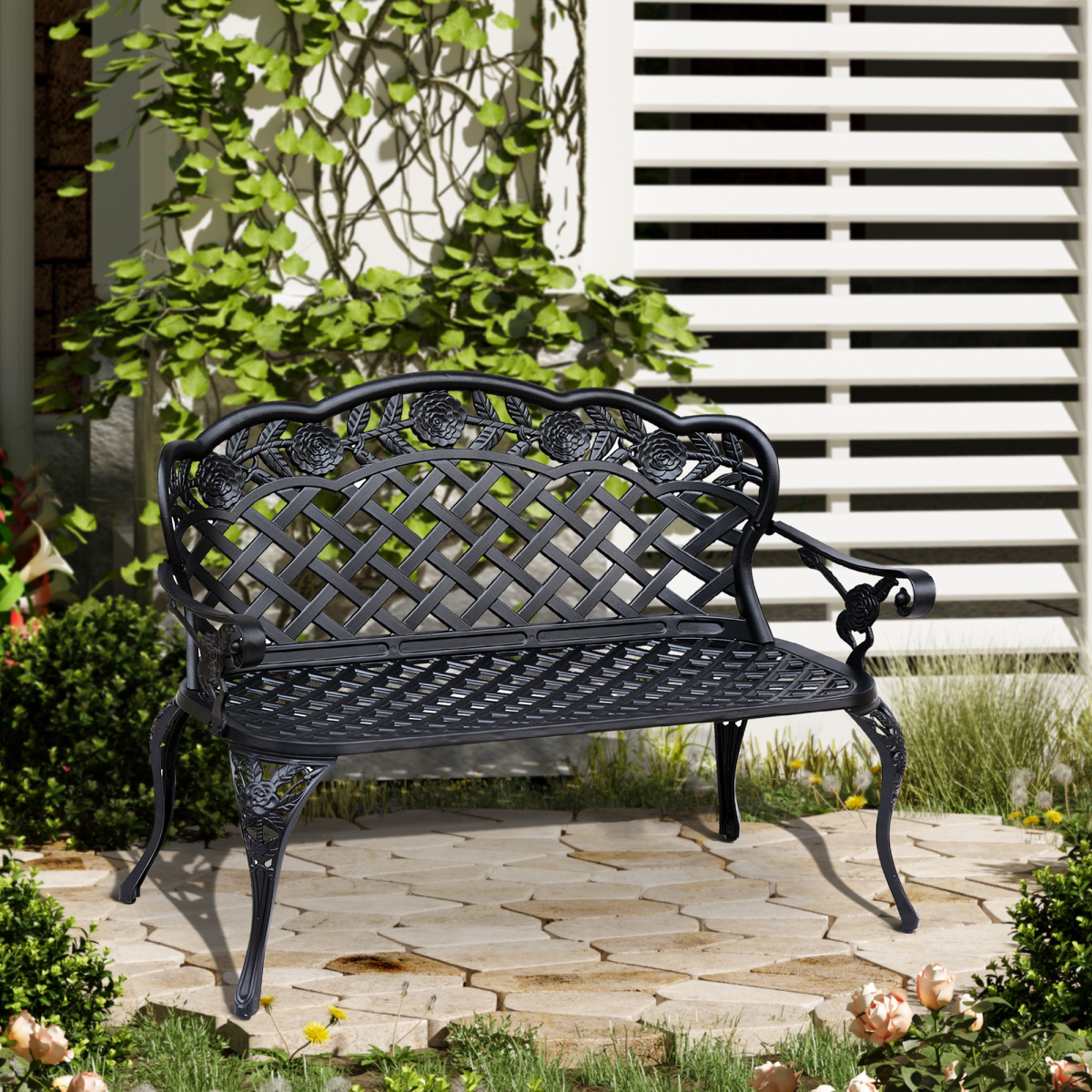 Garden Bench, Cast Aluminium, 107Lx58Wx85H cm-Black