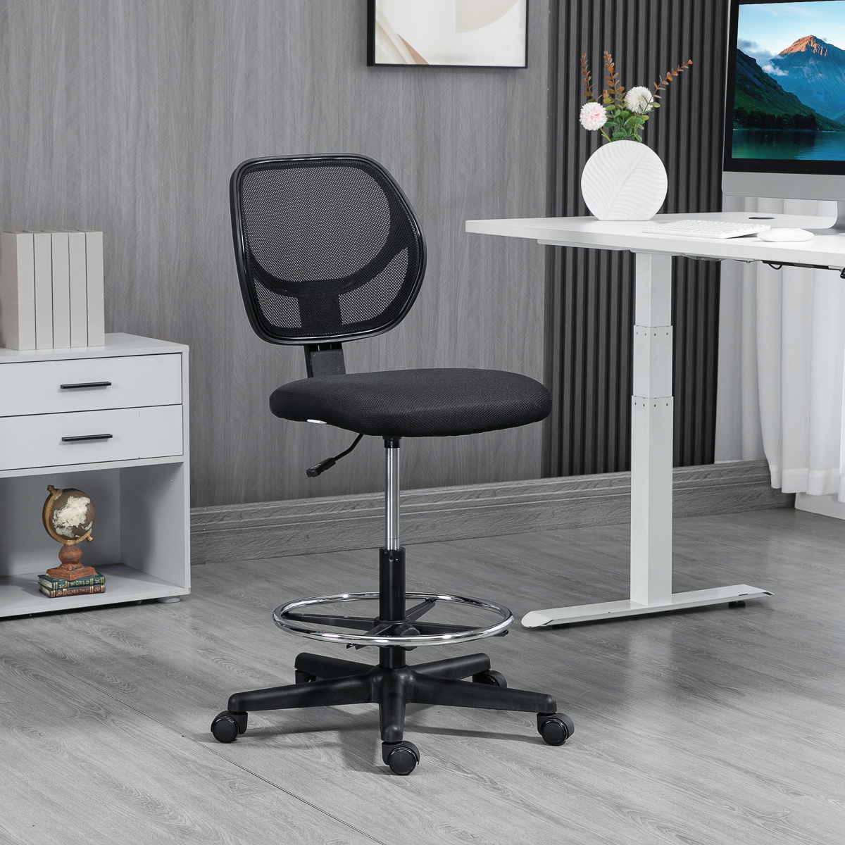 Vinsetto Draughtsman Chair Tall Office Chair with Adjustable Footrest Ring Black
