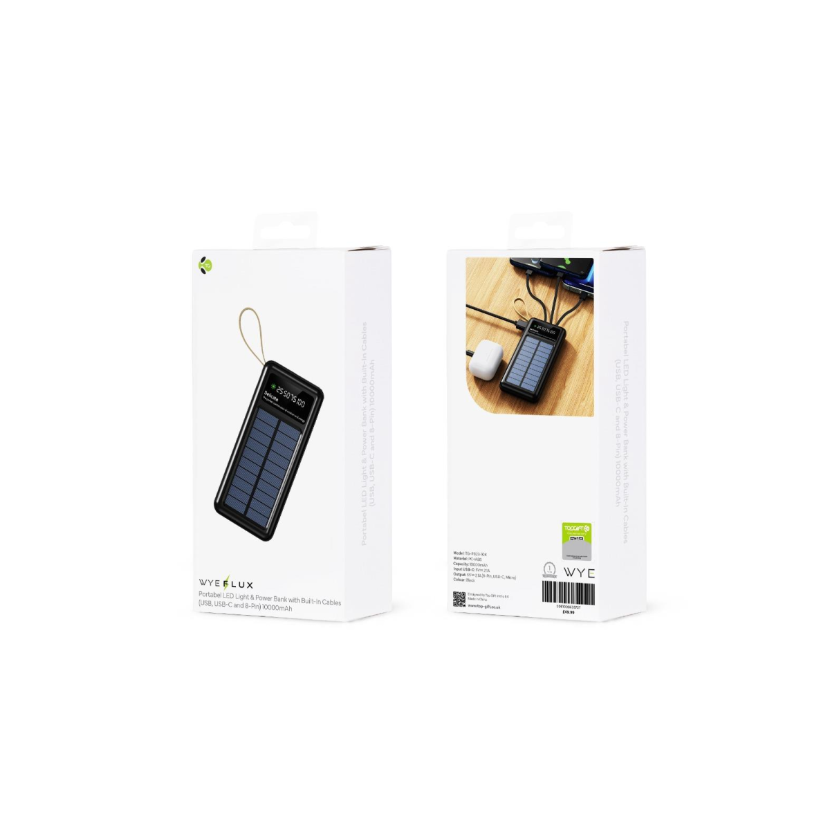 WYEFLUX 10000mAh Portable LED Light & Power Bank with Built-In Cables (USB