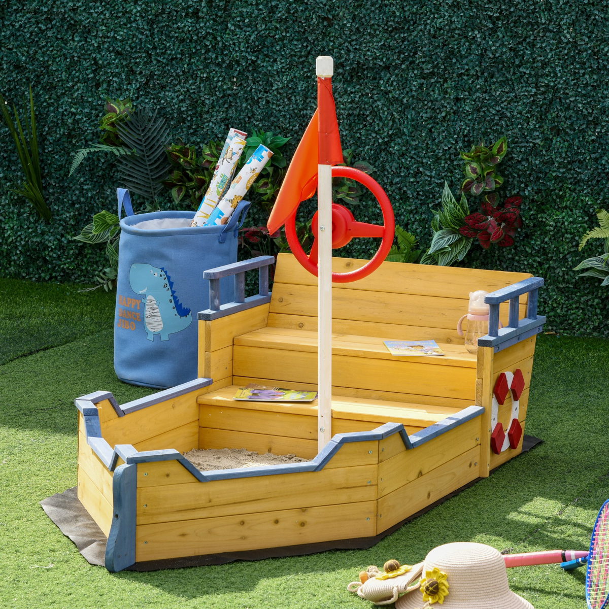 Kids Wooden Sandbox Pirate Ship Sandboat w/ Bench Seat Storage Space