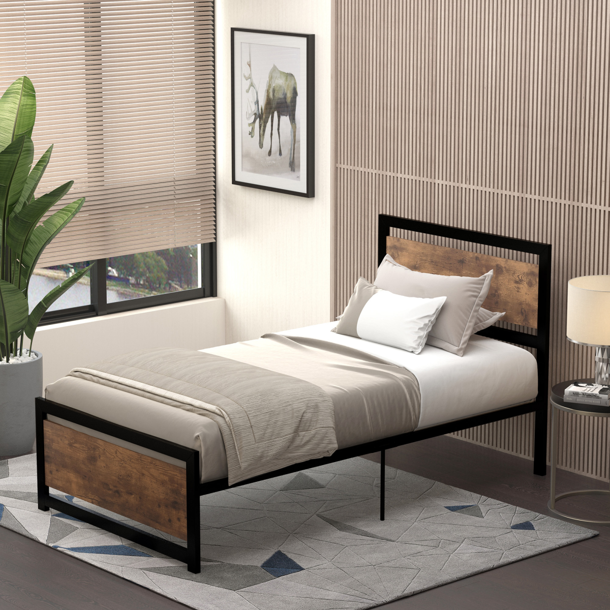 HOMCOM Single Size Metal Bed Frame with Headboard & Footboard, 97x195x103cm
