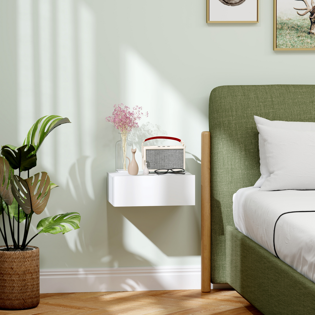 HOMCOM Floating Bedside Table, Wall-Mounted Side Table for Bedroom, White