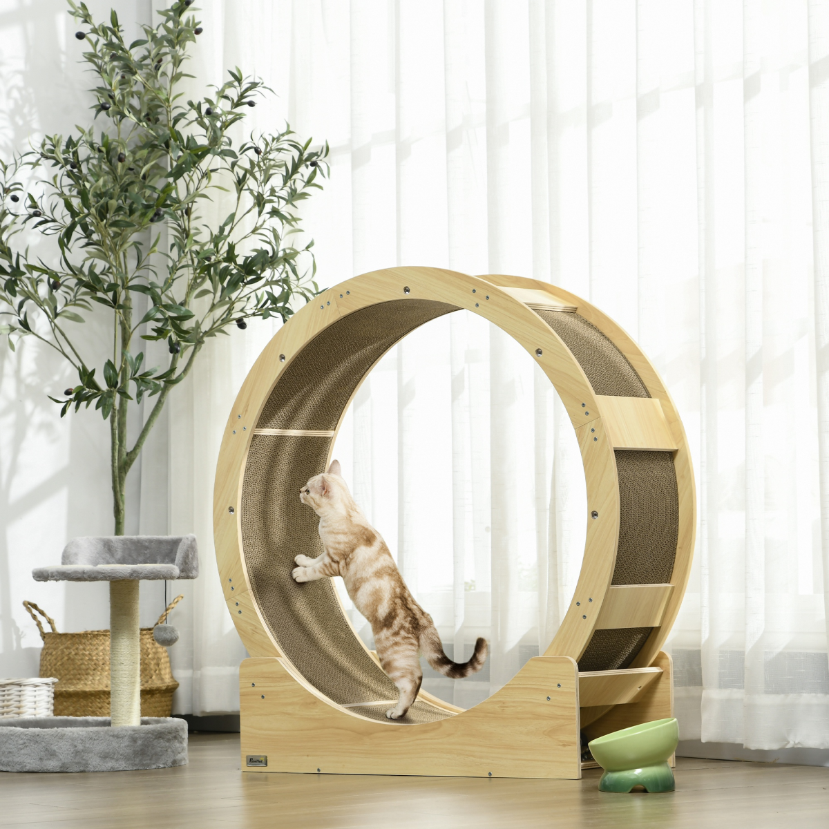 PawHut Cat Wheel with Brake, Scratching Pads for Health, Oak