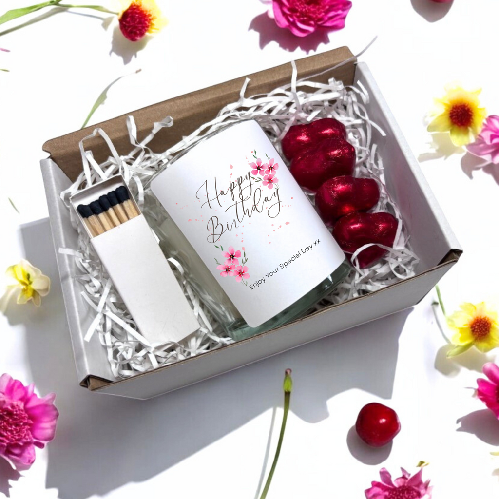 Pink Flowers Happy Birthday Candle Gift Set