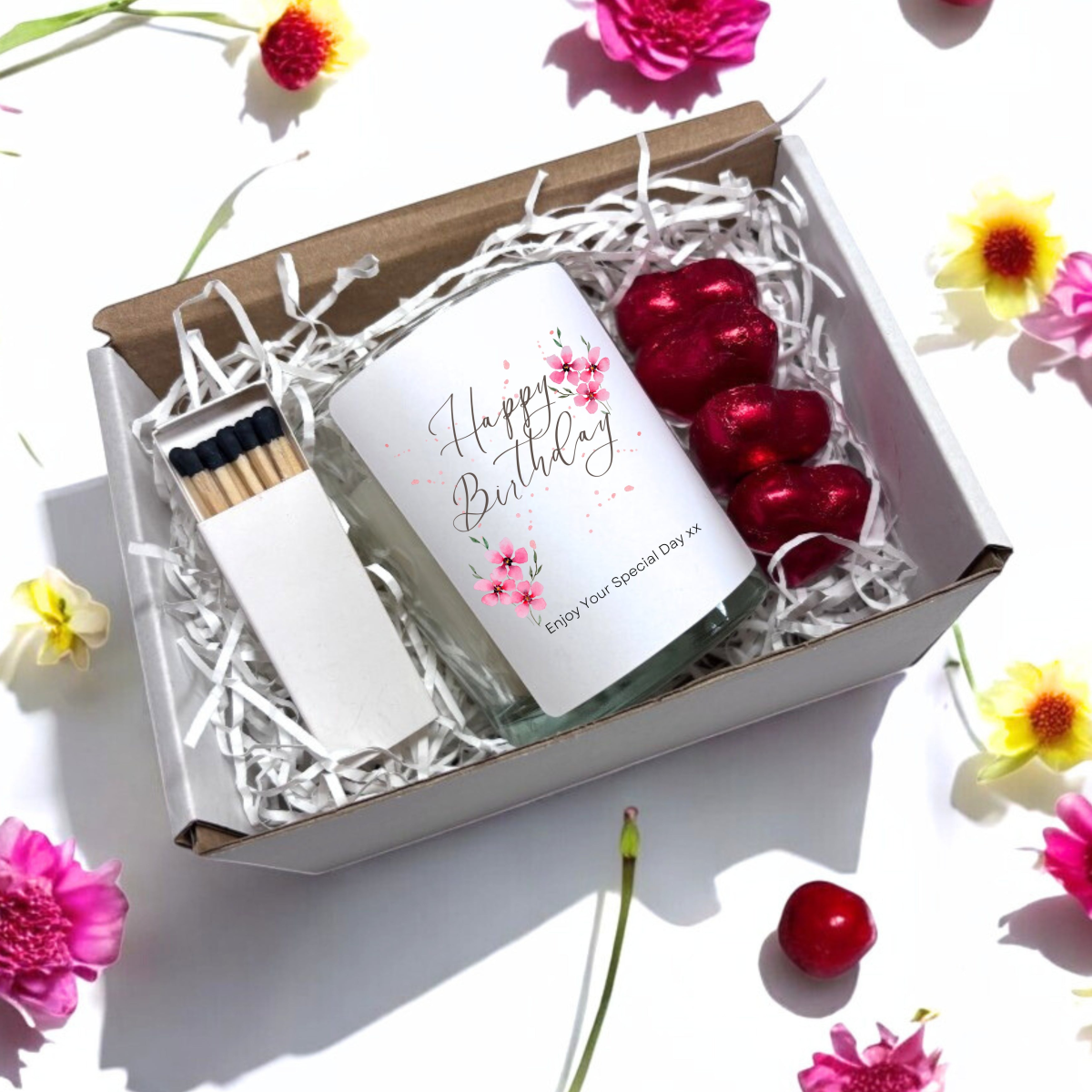 Pink Flowers Happy Birthday Candle Gift Set